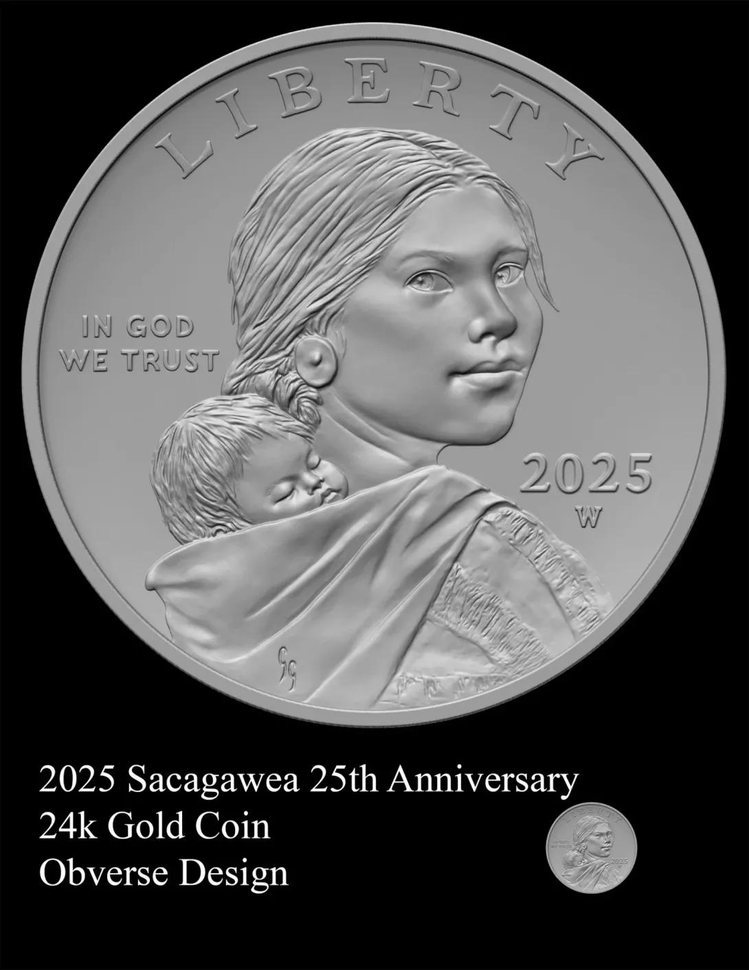 2025 Sacagawea Gold Obverse -- Sacagawea 25th Anniversary 24k Gold Coin