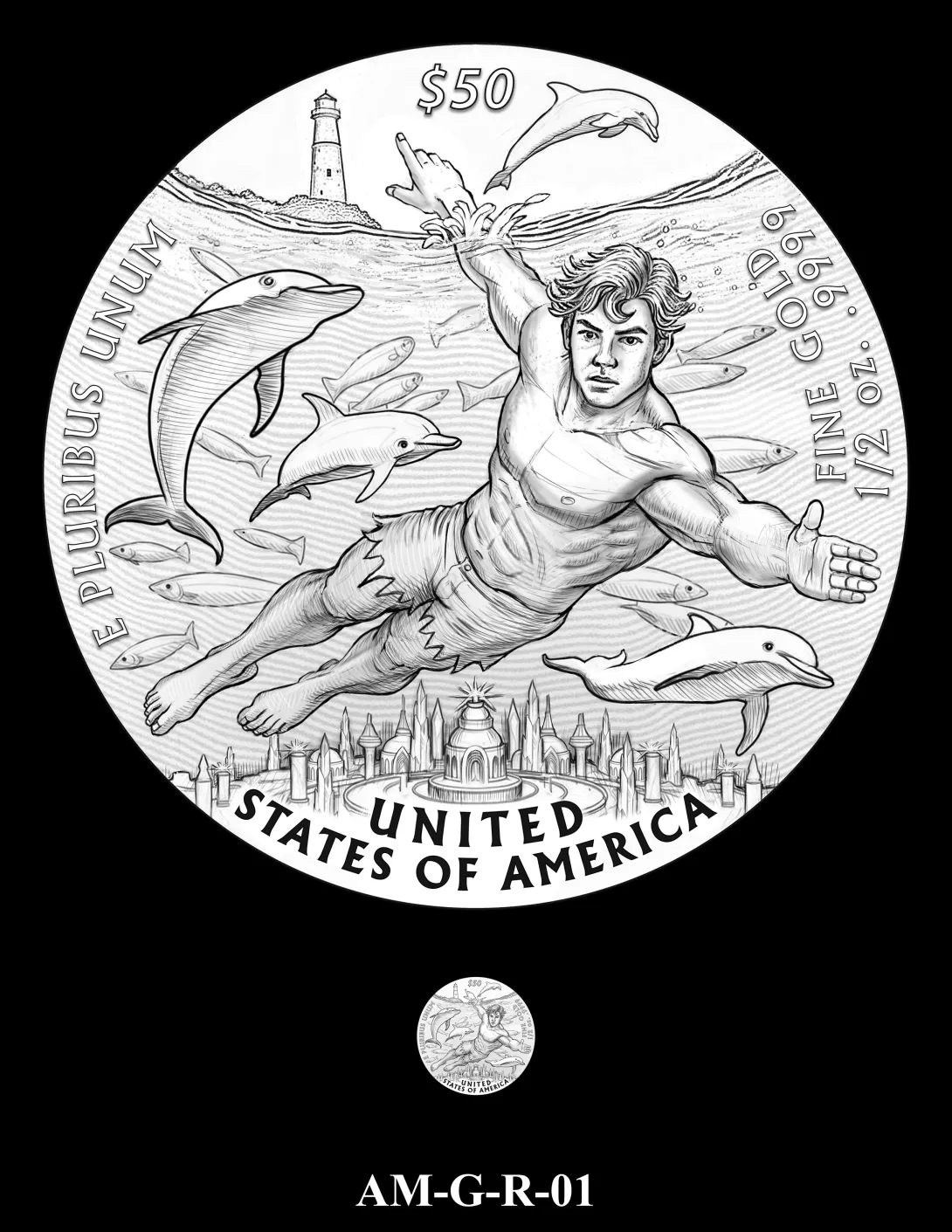 Reverse coin candidate AM-G-R-01. A young Arthur Curry swimming in the ocean with various sea creatures; a lighthouse appears in the distance above and the kingdom of Atlantis appears below. Inscriptions: UNITED STATES OF AMERICA; $50; 1/2 OZ. .9999 FINE GOLD; E PLURIBUS UNUM. A small coin preview appears below the enlarged design.
