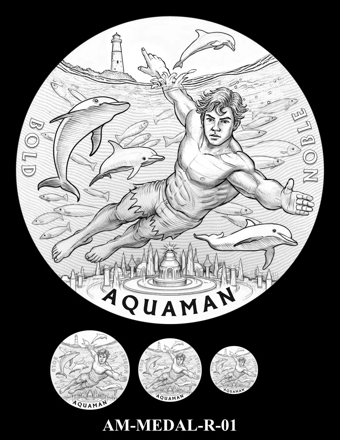 Reverse medal candidate AM-MEDAL-R-01. A young Arthur Curry swimming in the ocean with various sea creatures; a lighthouse appears in the distance above and the kingdom of Atlantis appears below. Inscriptions: AQUAMAN; BOLD; NOBLE. Three small medal-size previews appear below the enlarged design.