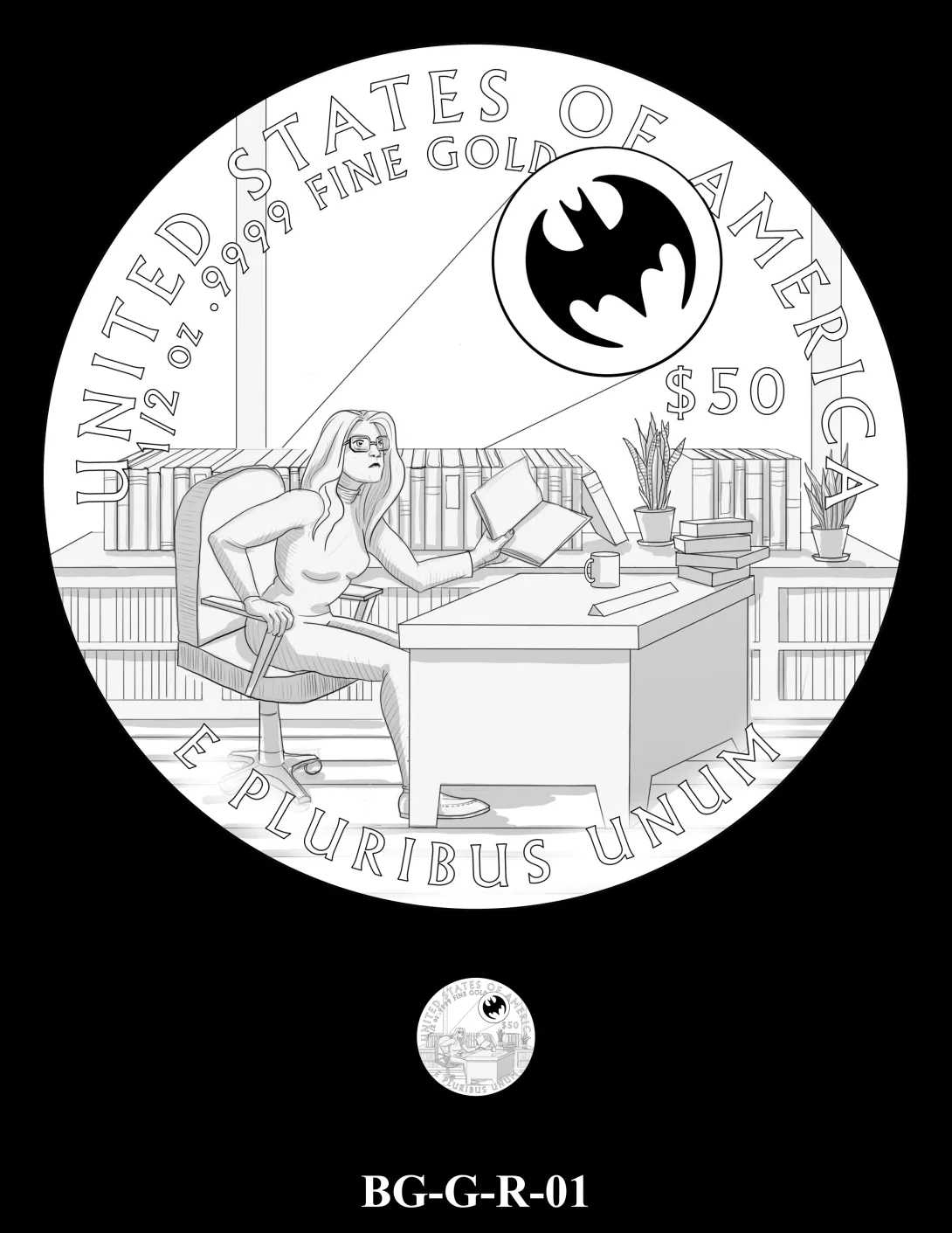 Reverse coin candidate BG-G-R-01. Barbara Gordon reading at a desk in an office surrounded by books on a shelf; the Batsignal appears in the background. Inscriptions: UNITED STATES OF AMERICA; $50; 1/2 OZ. .9999 FINE GOLD; E PLURIBUS UNUM. A small coin preview appears below the enlarged design.