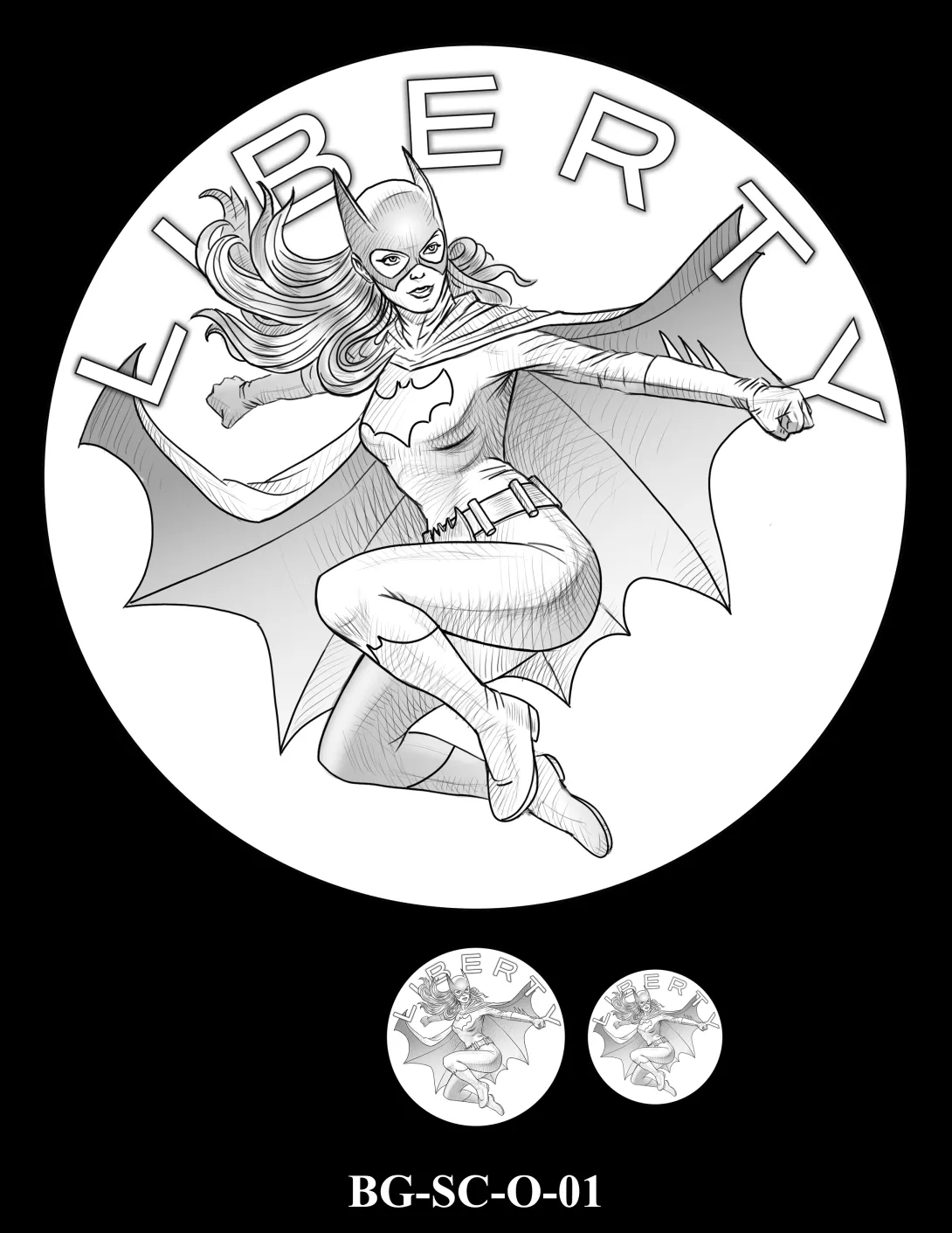 Obverse medal candidate BG-SC-O-01. Batgirl mid jump with her cape outstretched behind her. Inscription: LIBERTY. Two small medal-size previews appear below the enlarged design.