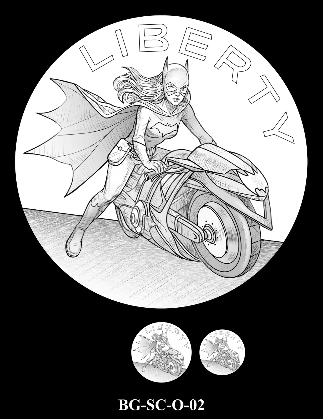 Obverse medal candidate BG-SC-O-02. Batgirl riding a motorcycle. Inscription: LIBERTY. Two small medal-size previews appear below the enlarged design.