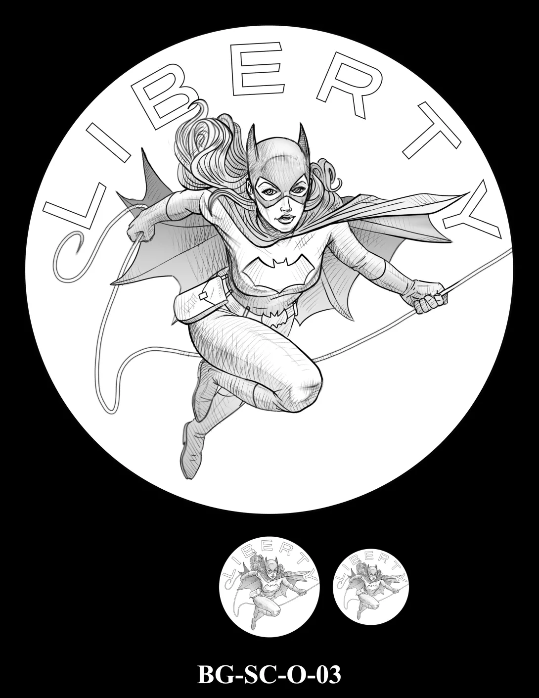 Obverse medal candidate BG-SC-O-03. Batgirl mid-swing on a rope. Inscription: LIBERTY. Two small medal-size previews appear below the enlarged design.