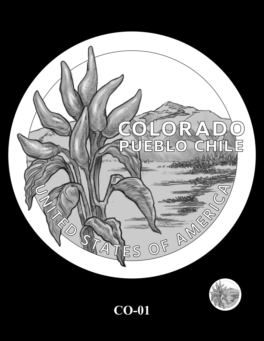 Reverse coin candidate CO-01. Mosco Pueblo Chile plant in the foreground, with a view of the Rocky Mountains in the background. Inscriptions: COLORADO; UNITED STATES OF AMERICA; PUEBLO CHILE. A small coin preview appears below the enlarged design.