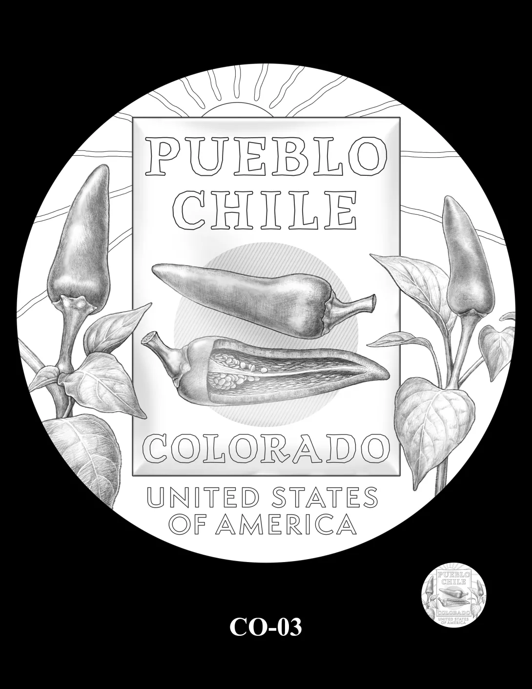 Reverse coin candidate CO-03. A package of Mosco Pueblo Chile seeds, with two illustrations of the pepper. Two pepper plants flank the package, their fruit reaching for the sun. Inscriptions: COLORADO; UNITED STATES OF AMERICA; PUEBLO CHILE. A small coin preview appears below the enlarged design.