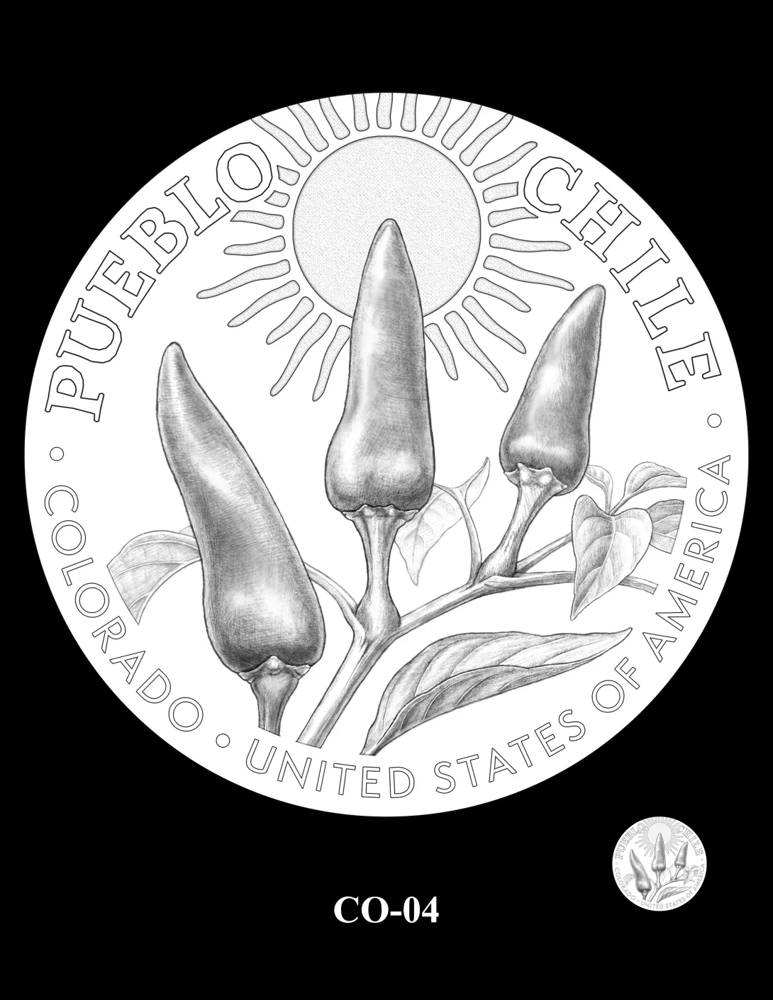 Reverse coin candidate CO-04. A branch of the Mosco Pueblo Chile plant. Its peppers reaching skyward while framed by the sun. Inscriptions: COLORADO; UNITED STATES OF AMERICA; PUEBLO CHILE. A small coin preview appears below the enlarged design.