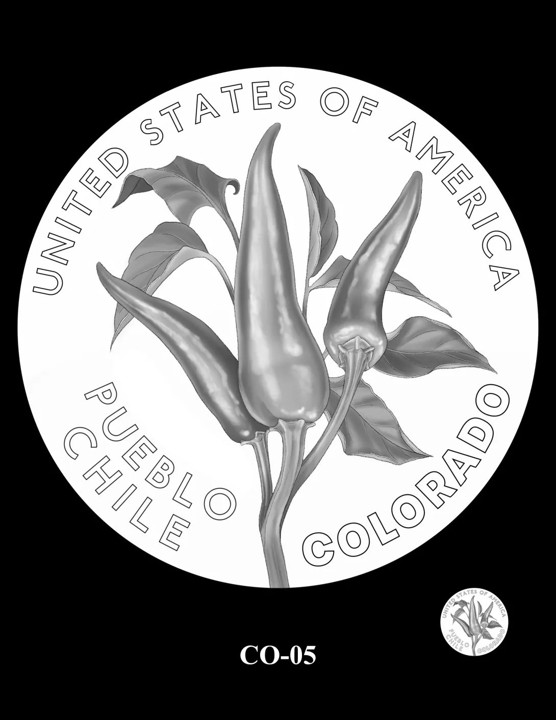 Reverse coin candidate CO-05. A detailed render of the Mosco Pueblo Chile plant. Inscriptions: COLORADO; UNITED STATES OF AMERICA; PUEBLO CHILE. A small coin preview appears below the enlarged design.