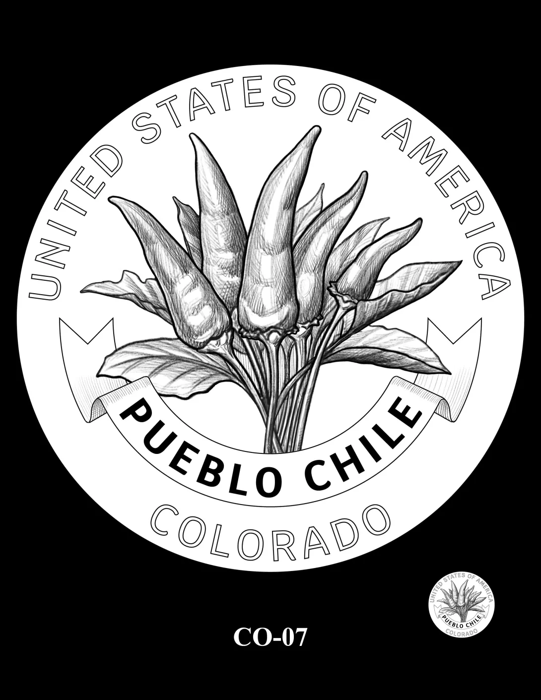 Reverse coin candidate CO-07. A bundle of Mosco Pueblo Chiles with a decorative banner. Inscriptions: COLORADO; UNITED STATES OF AMERICA; PUEBLO CHILE. A small coin preview appears below the enlarged design.