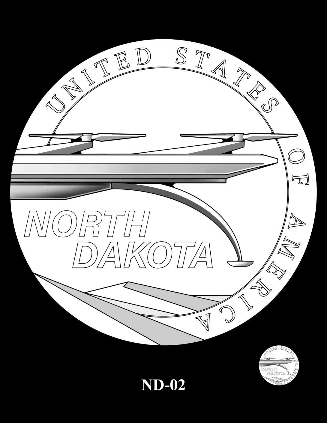 Reverse coin candidate ND-02. A streamlined quadcopter drone shown flying above a stylized depiction of the North Dakotan landscape. Inscriptions: NORTH DAKOTA; UNITED STATES OF AMERICA. A small coin preview appears below the enlarged design.