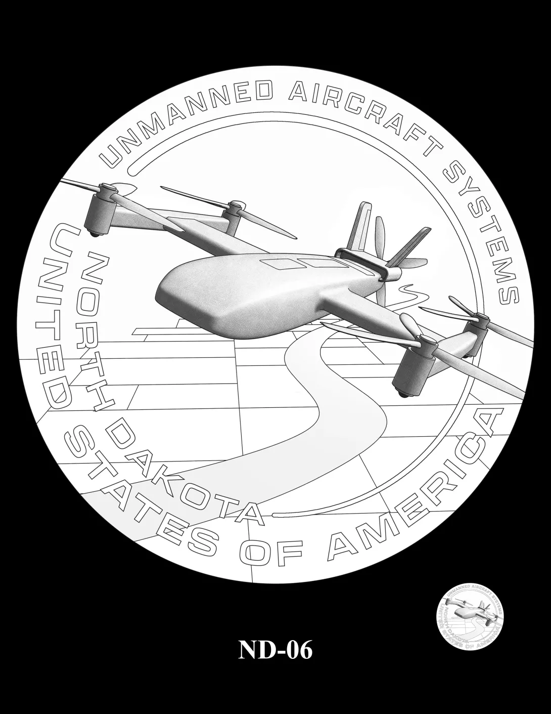 Reverse coin candidate ND-06. A hybrid fixed-wing drone flying above a graphic rendering of rural North Dakota. Inscriptions: COLORADO; UNITED STATES OF AMERICA; UNMANNED AIRCRAFT SYSTEMS. A small coin preview appears below the enlarged design.