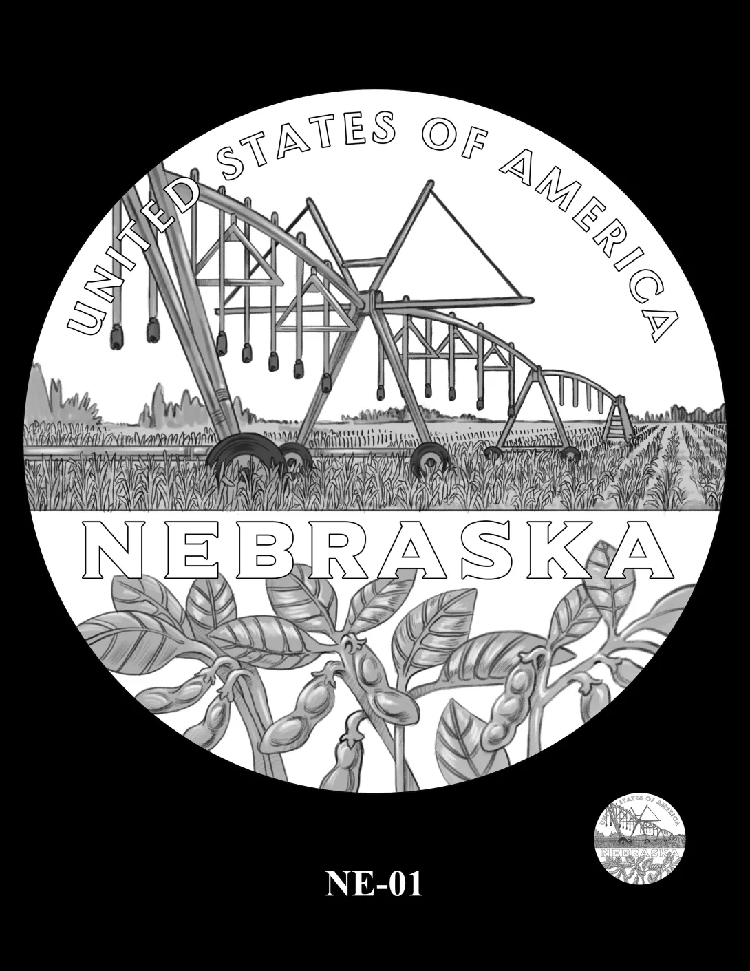 Reverse coin candidate NE-01. Center pivot irrigation system at work in a field of young corn, with soybeans growing below. Inscriptions: NEBRASKA; UNITED STATES OF AMERICA. A small coin preview appears below the enlarged design.