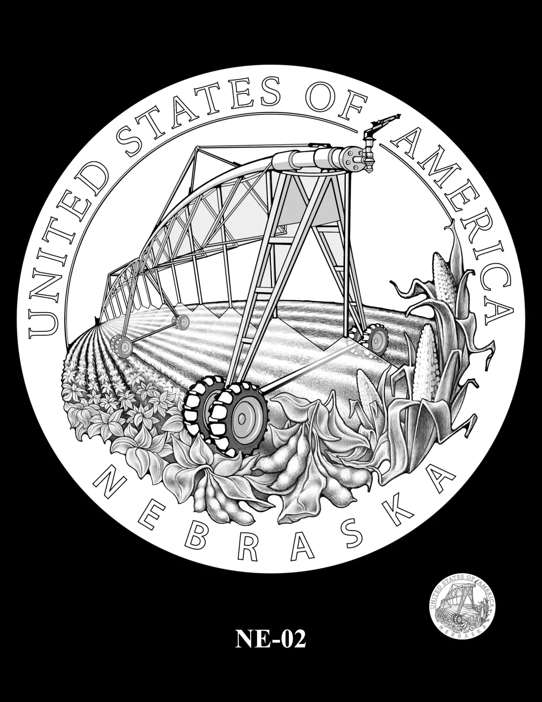 Reverse coin candidate NE-02. Center pivot irrigation system sweeps across the landscape as it waters rows of soybean plants. Soybeans and corn frame the scene. Inscriptions: NEBRASKA; UNITED STATES OF AMERICA. A small coin preview appears below the enlarged design.