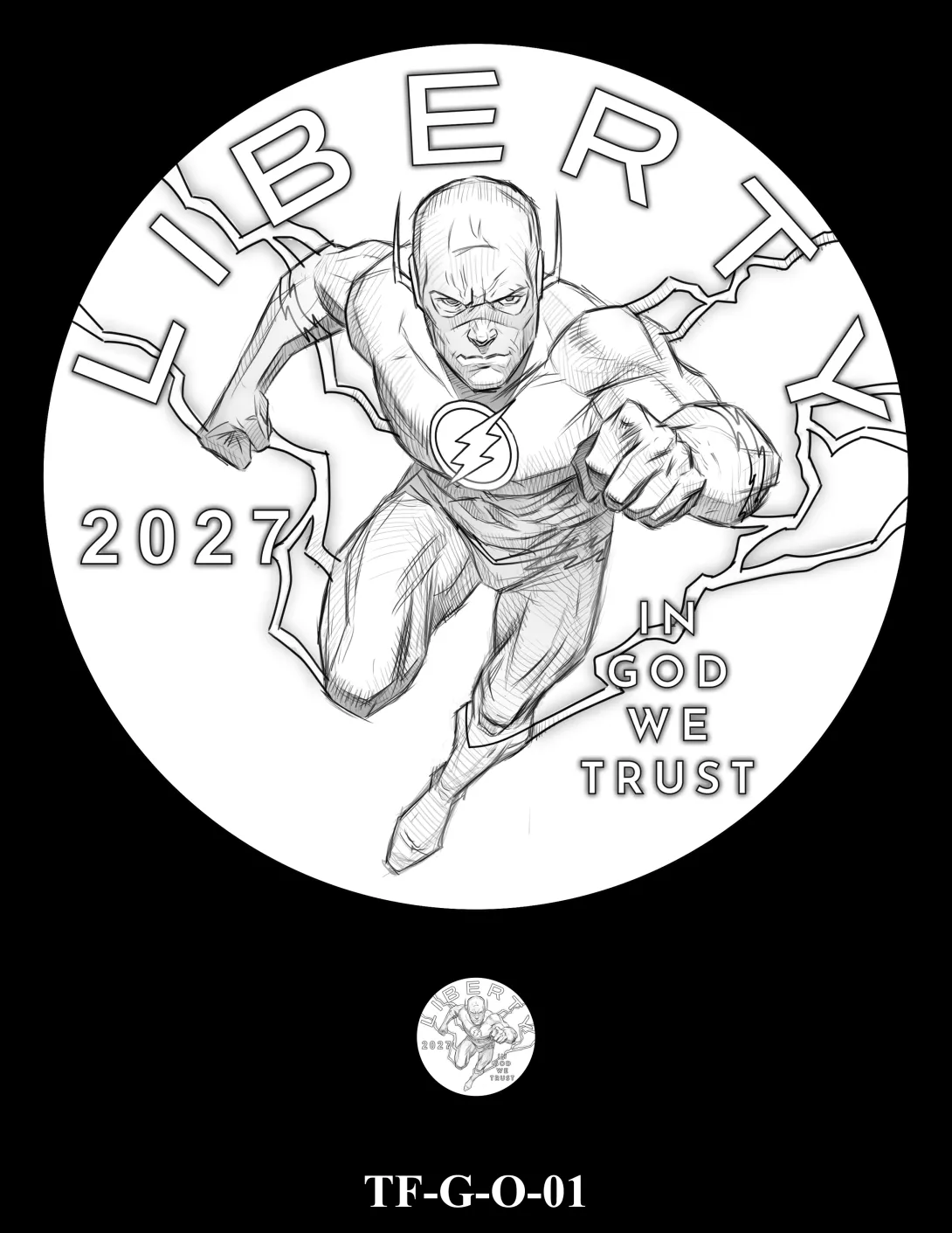 Obverse coin candidate TF-G-O-01. The Flash runs forward surrounded by lightning. Inscriptions: LIBERTY; IN GOD WE TRUST; 2027. A small coin preview appears below the enlarged design.