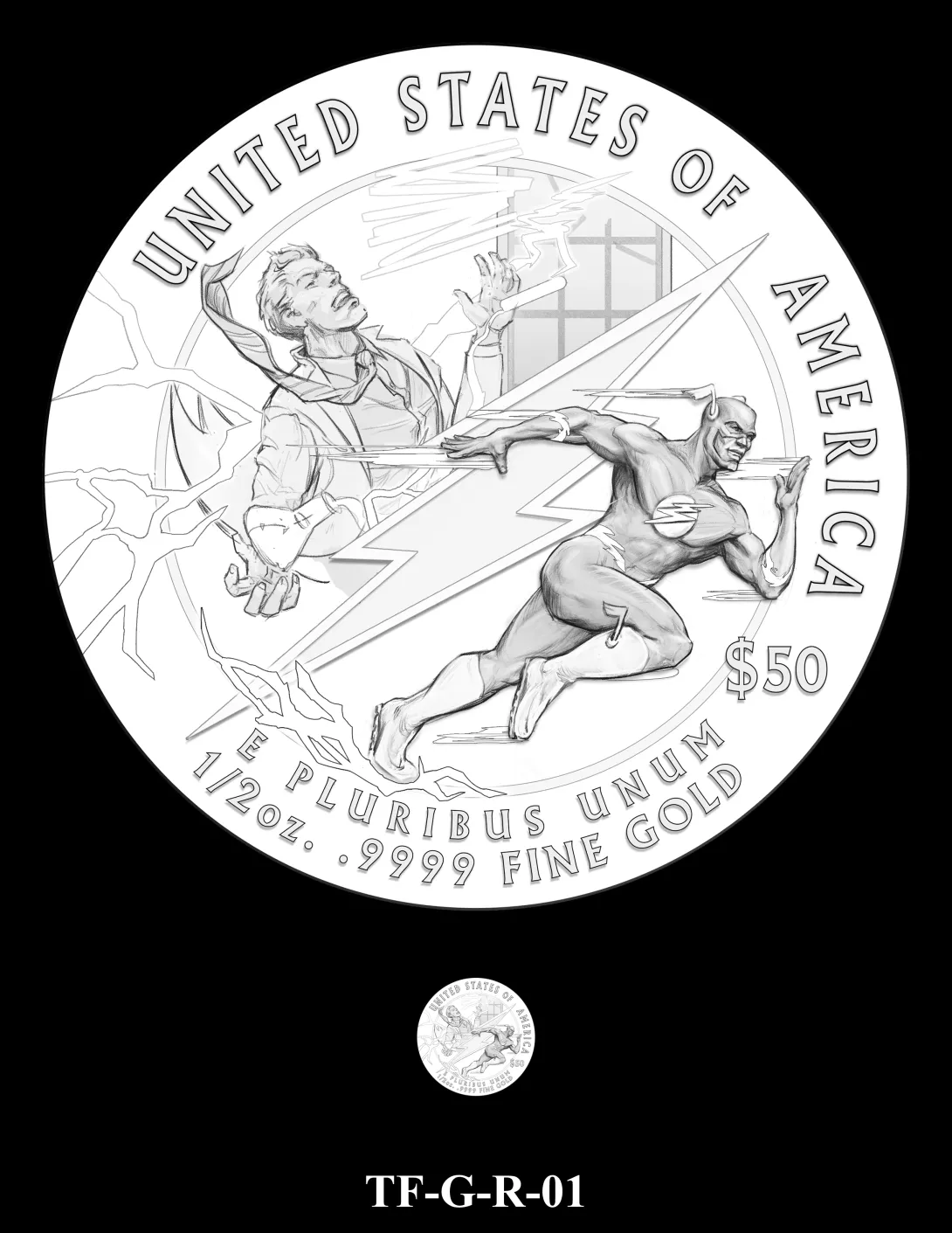 Reverse coin candidate TF-G-R-01. Split design with one half showing Barry Allen in a lab as lightning strikes him through a window; other half shows The Flash running; a lightning bolt is in between the scenes. Inscriptions: UNITED STATES OF AMERICA; $50; 1/2 OZ. .9999 FINE GOLD; E PLURIBUS UNUM. A small coin preview appears below the enlarged design.