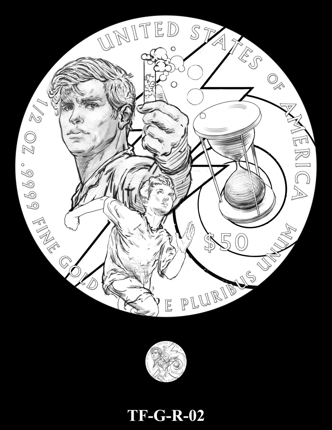 Reverse coin candidate TF-G-R-02. The Flash seen as a scientist, a young boy, and an hourglass with a lightning bolt and swirl in the background. Inscriptions: UNITED STATES OF AMERICA; $50; 1/2 OZ. .9999 FINE GOLD; E PLURIBUS UNUM. A small coin preview appears below the enlarged design.