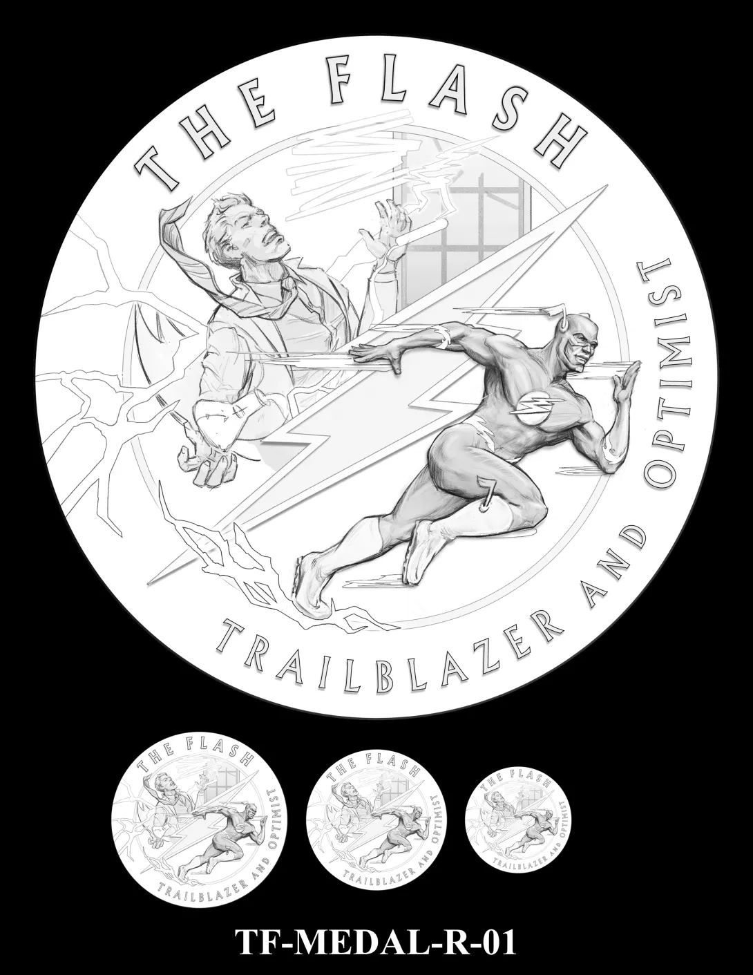Reverse medal candidate TF-MEDAL-R-01. Split design with one half showing Barry Allen in a lab as lightning strikes him through a window; other half shows The Flash running; a lightning bolt is in between the scenes. Inscriptions: THE FLASH; TRAILBLAZER AND OPTIMIST. Three small medal-size previews appear below the enlarged design.