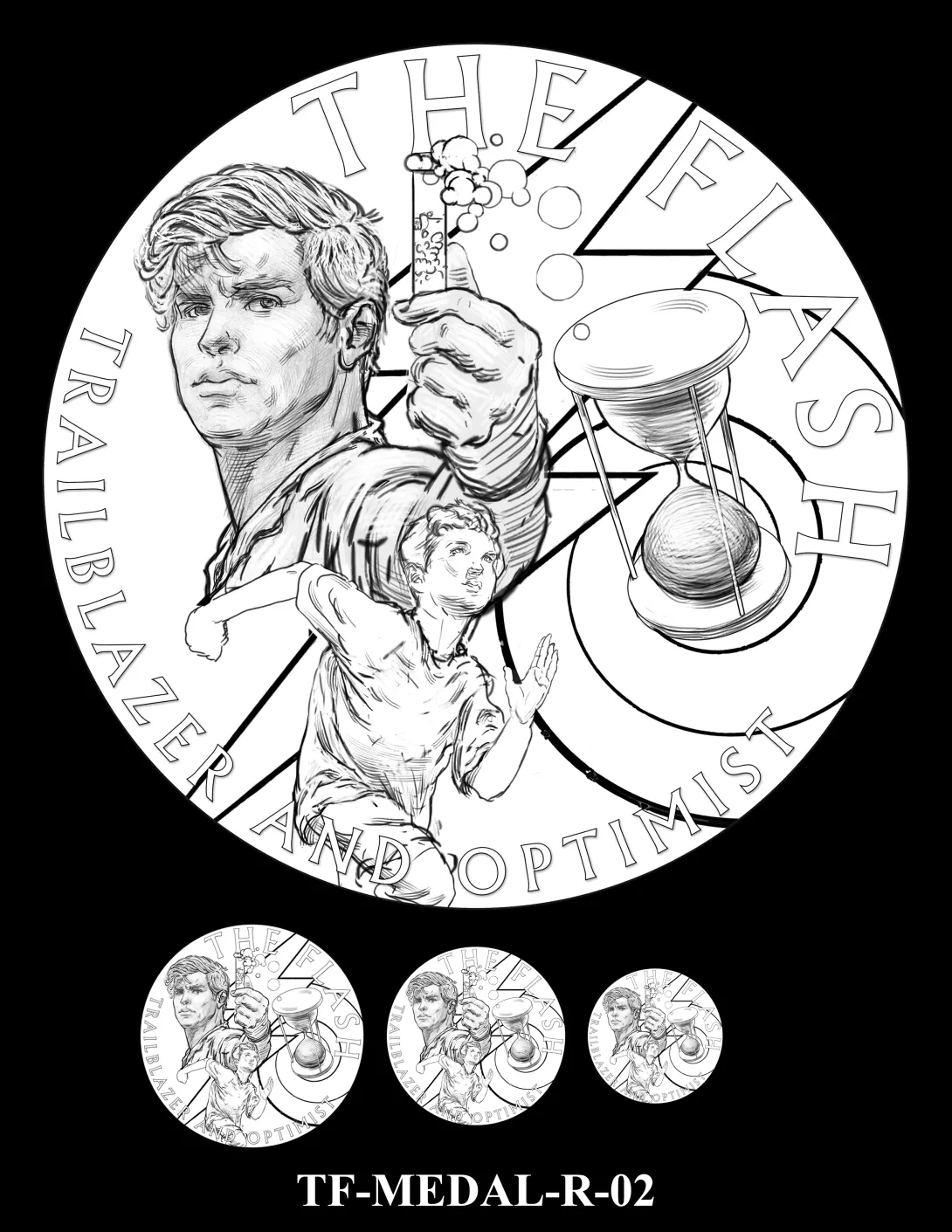 Reverse medal candidate TF-MEDAL-R-02. The Flash seen as a scientist, a young boy, and an hourglass with a lightning bolt and swirl in the background. Inscriptions: THE FLASH; TRAILBLAZER AND OPTIMIST. Three small medal-size previews appear below the enlarged design.