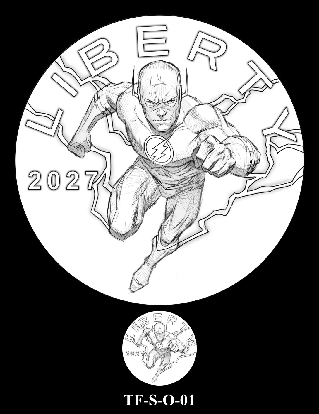 Obverse medal candidate TF-S-O-01. The Flash runs forward surrounded by lightning. Inscriptions: LIBERTY; 2027. A small medal-size preview appears below the enlarged design.
