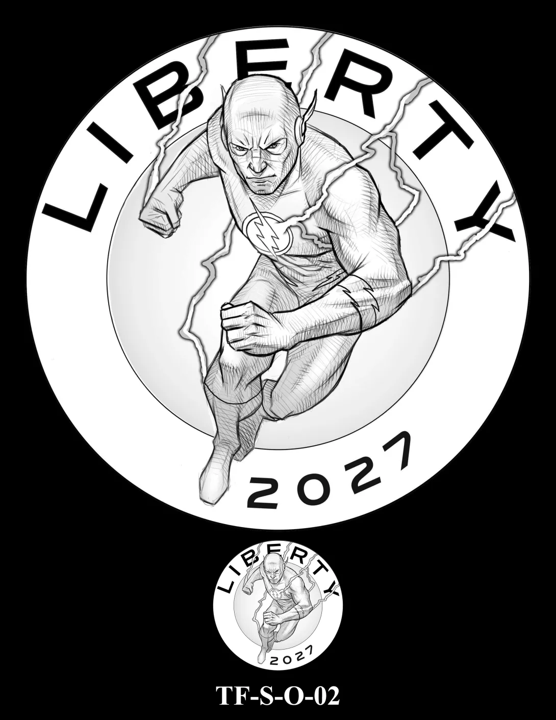 Obverse medal candidate TF-S-O-02. The Flash in running motion surrounded by lightning. Inscriptions: LIBERTY; 2027. A small medal preview appears below the enlarged design.