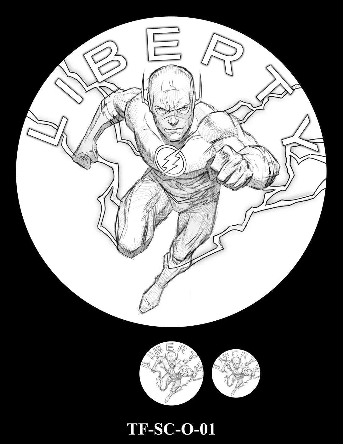 Obverse medal candidate TF-SC-O-01. The Flash runs forward surrounded by lightning. Inscription: LIBERTY. Two small medal-size previews appear below the enlarged design.