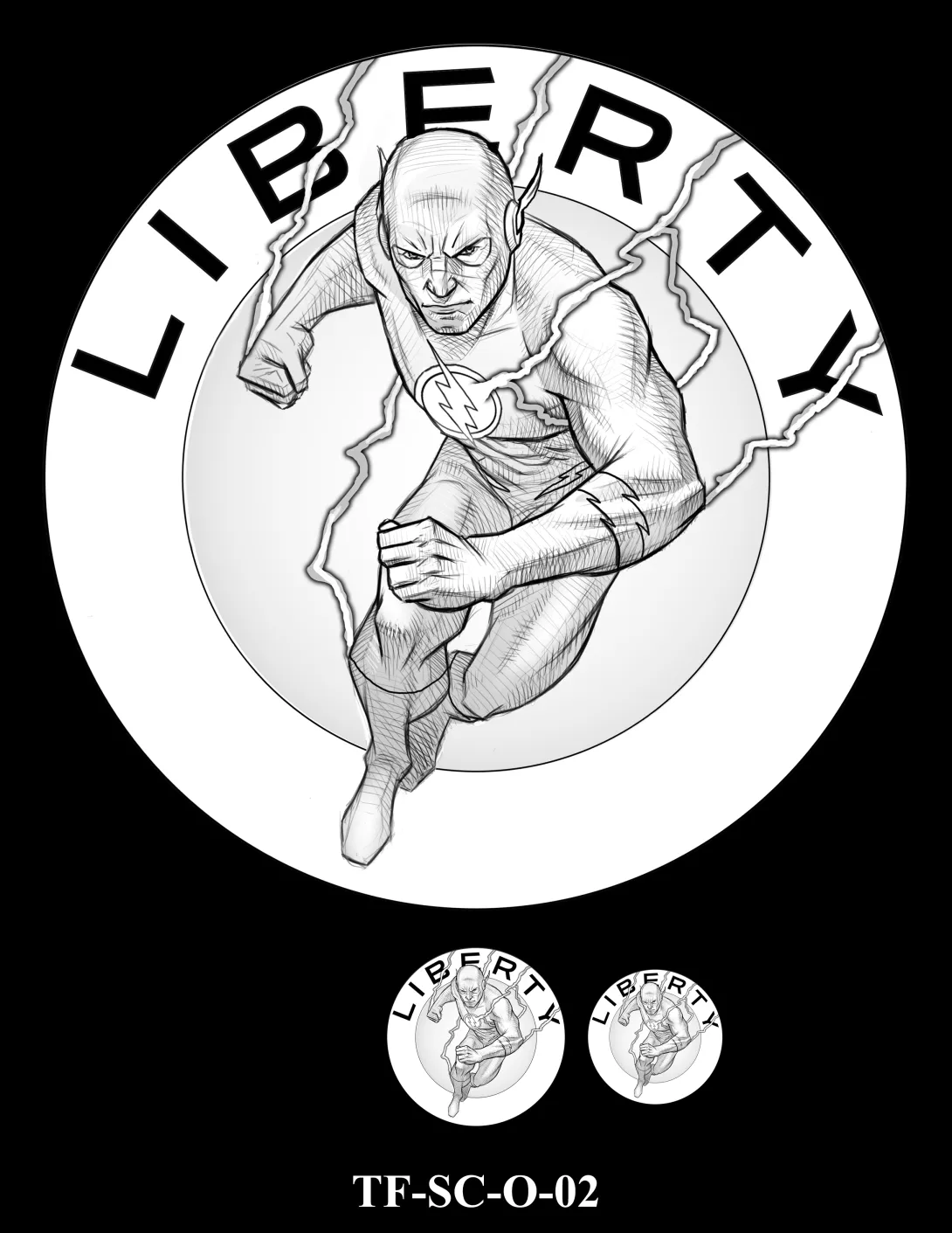 Obverse medal candidate TF-SC-O-02. The Flash in running motion surrounded by lightning. Inscription: LIBERTY. Two small medal-size previews appear below the enlarged design.