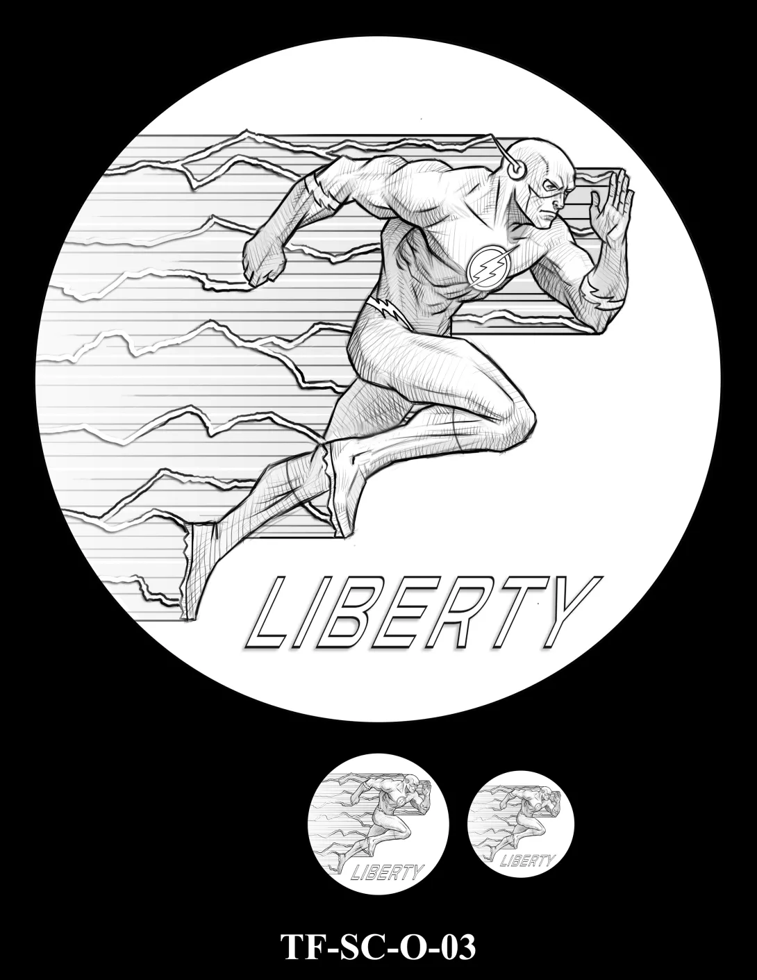Obverse medal candidate TF-SC-O-03. Side profile of The Flash running with a trail of lightning behind him. Inscription: LIBERTY. Two small medal-size previews appear below the enlarged design.